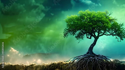 Trees withstand storms due to their deep roots providing stability and support. Concept Plant resilience, Deep roots, Stability, Supportive ecosystem