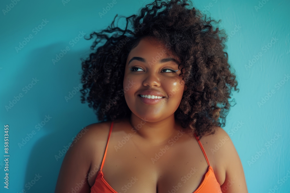 A woman with curly hair and a large bust is smiling at the camera A woman with curly hair and a large bust is smiling at the camera