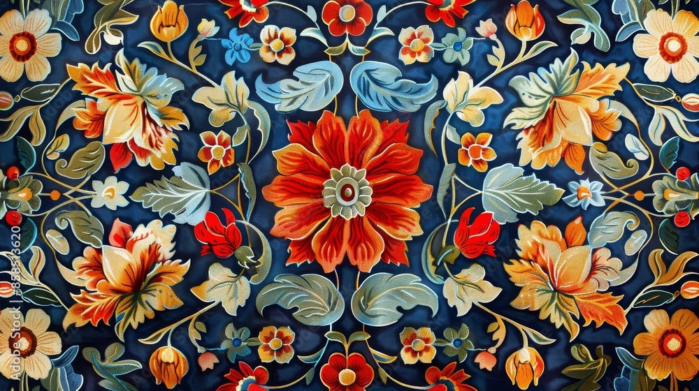 Ornate floral pattern on blue fabric Ornate floral pattern on blue fabric