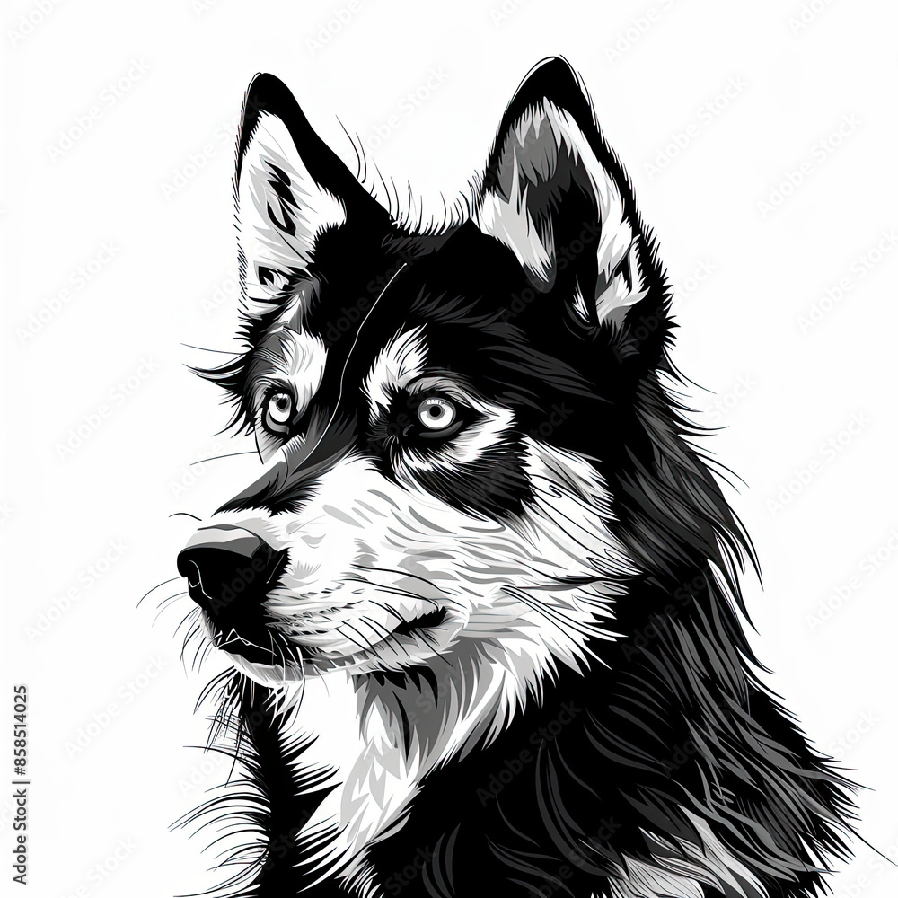 A black and white drawing of a siberian husky dog A black and white drawing of a siberian husky dog
