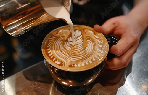 Barista Pouring Milk Into a Cup of Coffee With a Leaf Design