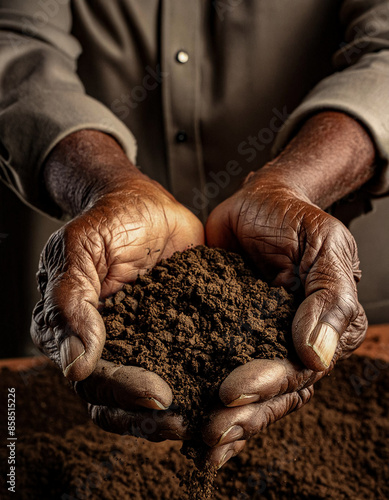 Conexão com a Terra: Mãos Idosas Segurando um Punhado de Terra photo