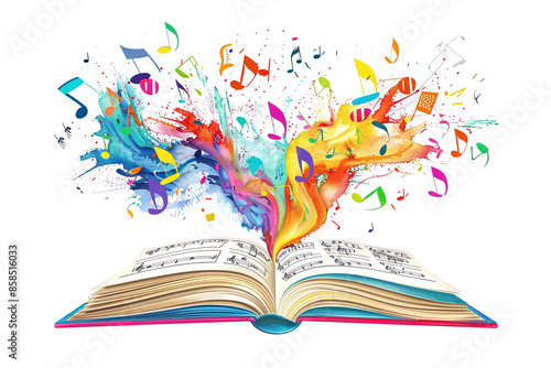 book with colorful splashes and music notes flying out isolated against white background