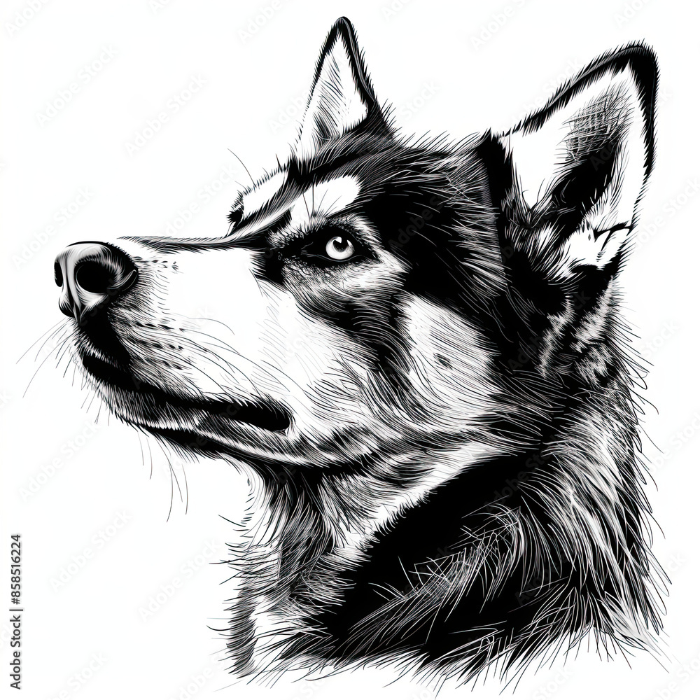 Fototapeta premium A black and white drawing of a siberian husky dog
