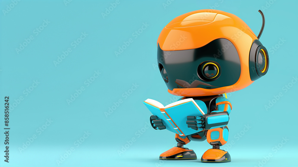 A whimsical orange robot reading a book, depicted with a humanoid form and large expressive eyes against a light blue background. Copy space. A whimsical orange robot reading a book, depicted with a humanoid form and large expressive eyes against a light blue background. Copy space.