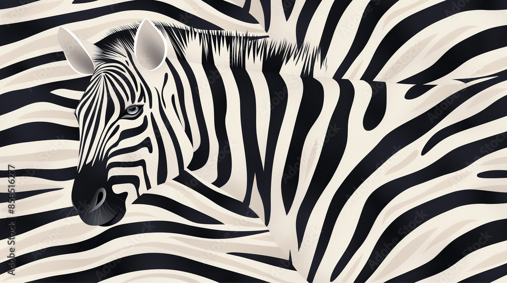 Fototapeta premium Artistic rendering of a zebra face seamlessly integrated into a background of zebra stripes, creating a continuous pattern.