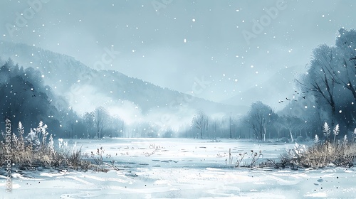 Snowy fields framing the scene, open space in the middle, vast and serene, plein air handdrawn winter countryside, perfect for tranquil backgrounds photo