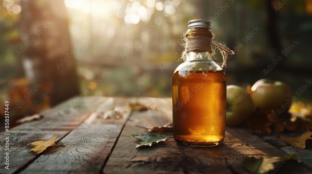 Bottle of apple cider vinegar in focus in natural setting Bottle of apple cider vinegar in focus in natural setting