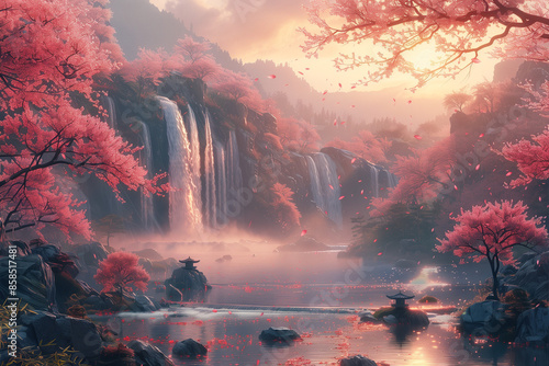 A japanese landscape with cherry blossom trees, japanese lanterns and a small waterfall photo