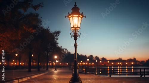 Illuminated street lamp at night, casting a warm glow on the empty road.