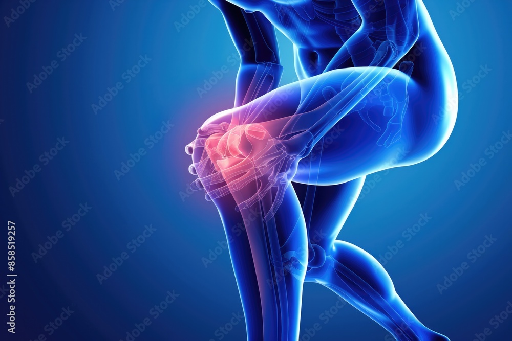 Digital rendering of a knee with visible bones and joint inflammation, suitable for orthopedic and medical applications. High quality photo Digital rendering of a knee with visible bones and joint inflammation, suitable for orthopedic and medical applications. High quality photo