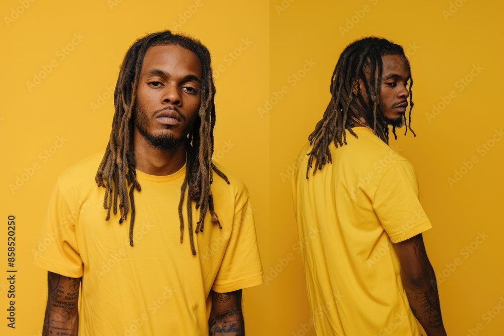 Male in 30s with dreadlocks posing with blank yellow shirt. Male in 30s with dreadlocks posing with blank yellow shirt.