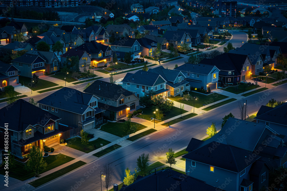 Aerial view of residential neighborhood at night with highlighting streets and homes illuminated by streetlights. Row of classic family houses facades at night in suburban area
