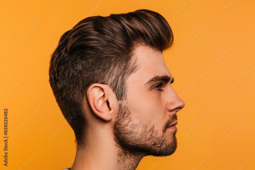 Fototapeta premium Close up portrait of serious stylish man on yellow background.