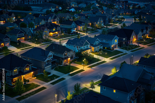 Aerial view of residential neighborhood at night with highlighting streets and homes illuminated by streetlights. Row of classic family houses facades at night in suburban area photo