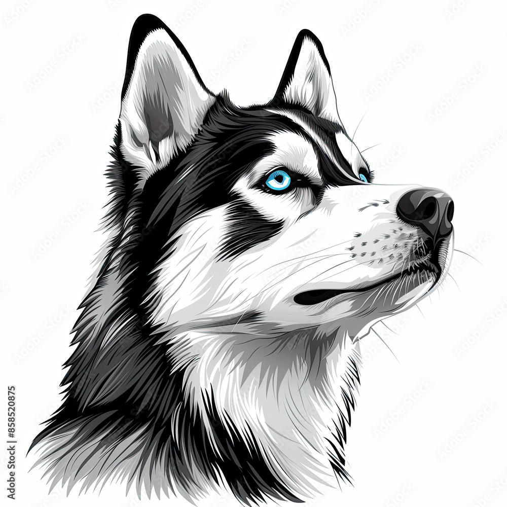 A black and white drawing of a siberian husky dog A black and white drawing of a siberian husky dog
