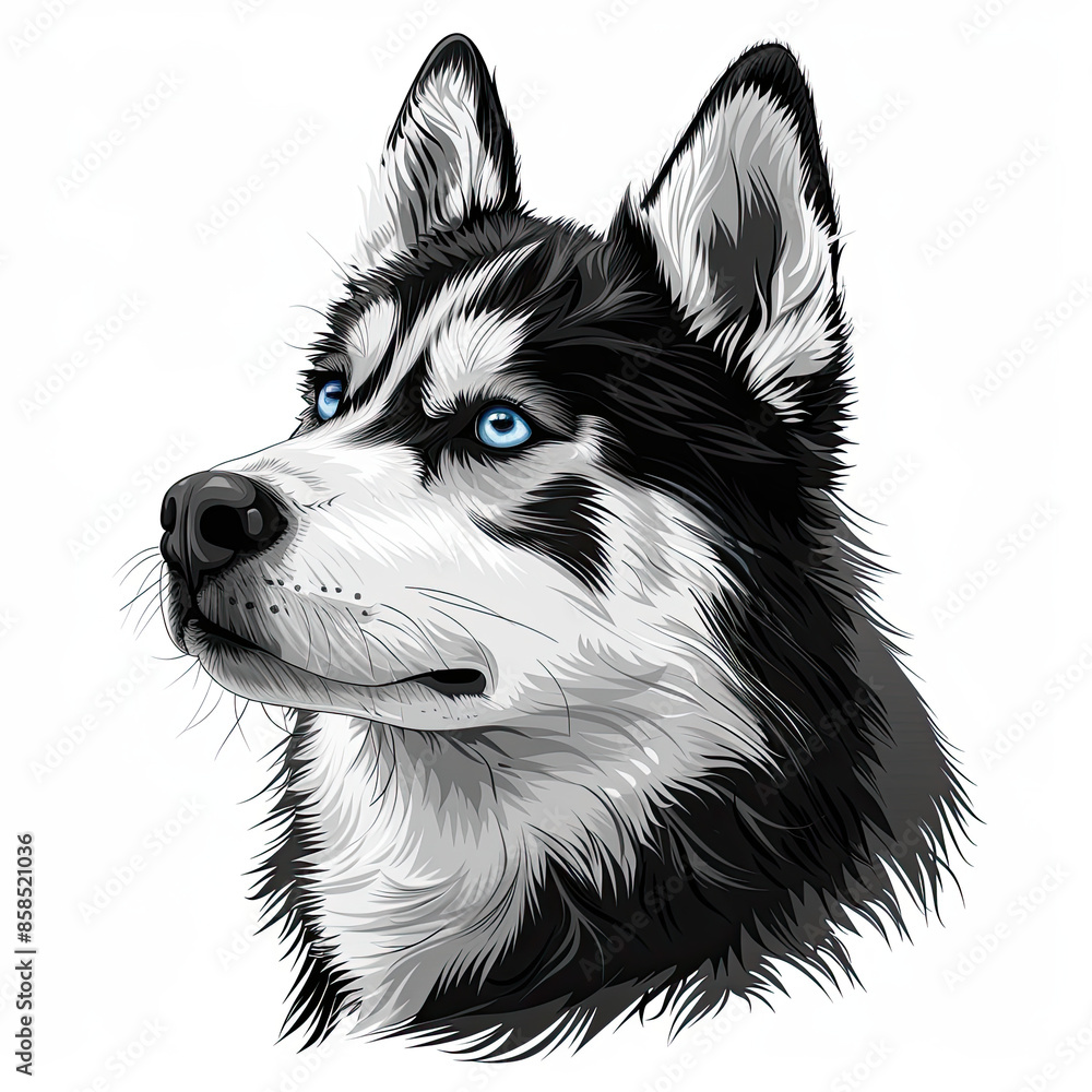 A black and white drawing of a siberian husky dog A black and white drawing of a siberian husky dog