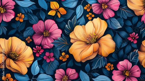 Wallpaper Mural Floral pattern art on a blue background Torontodigital.ca