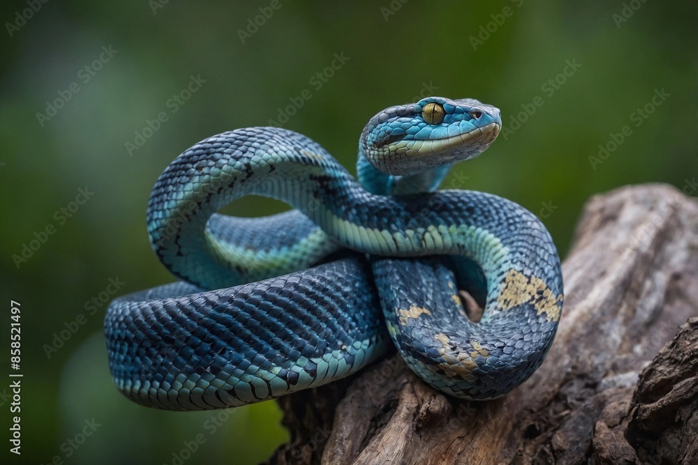 A blue snake with its mouth open, showcasing its fangs and vibrant scales against a neutral background. A blue snake with its mouth open, showcasing its fangs and vibrant scales against a neutral background.