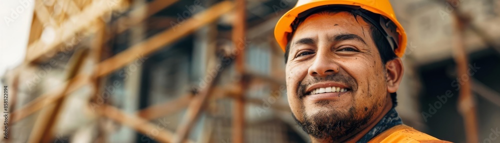 Construction Worker Focus on a male construction worker Hispanic 40s holding a hammer with a construction site background, empty space left for text Construction Worker Focus on a male construction worker Hispanic 40s holding a hammer with a construction site background, empty space left for text