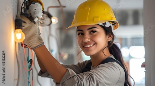 Electrician Focus on a female electrician Hispanic 30s installing a light fixture with a residential background, empty space left for text Happy face and smile Look at camera