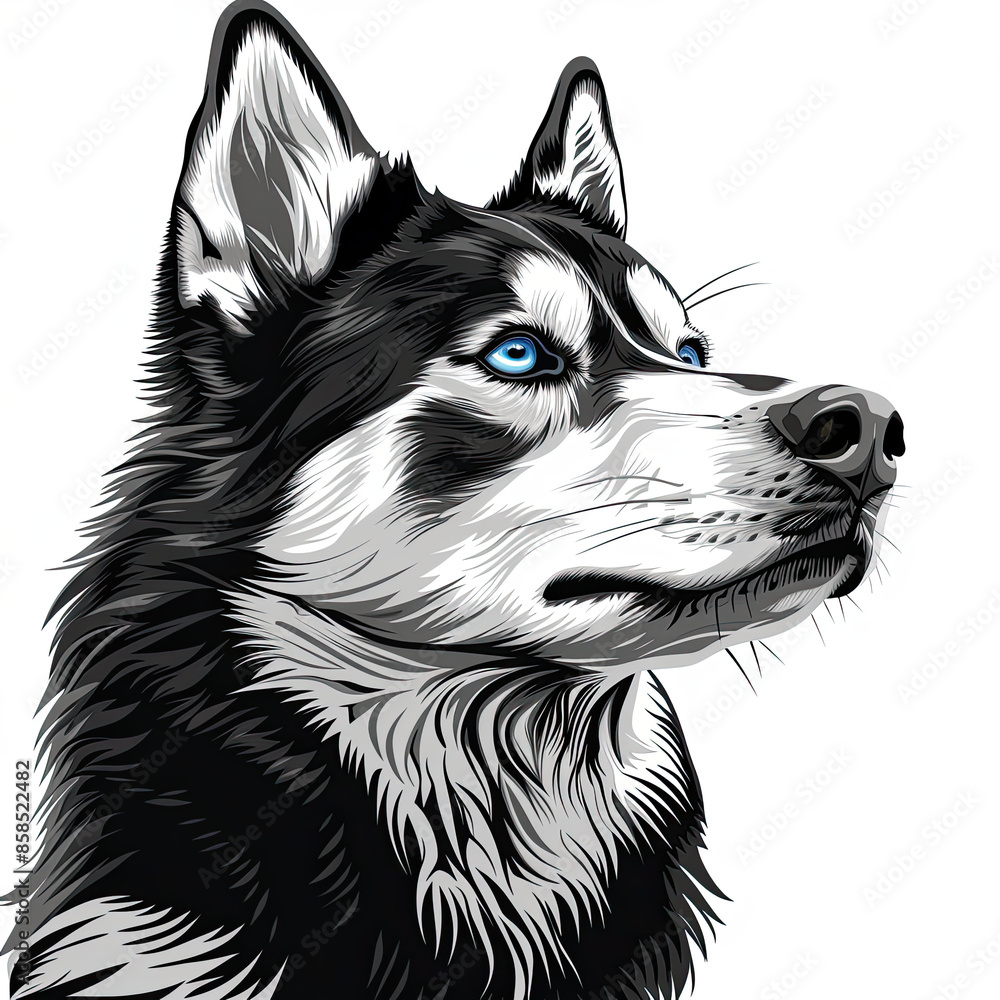 A black and white drawing of a siberian husky dog A black and white drawing of a siberian husky dog