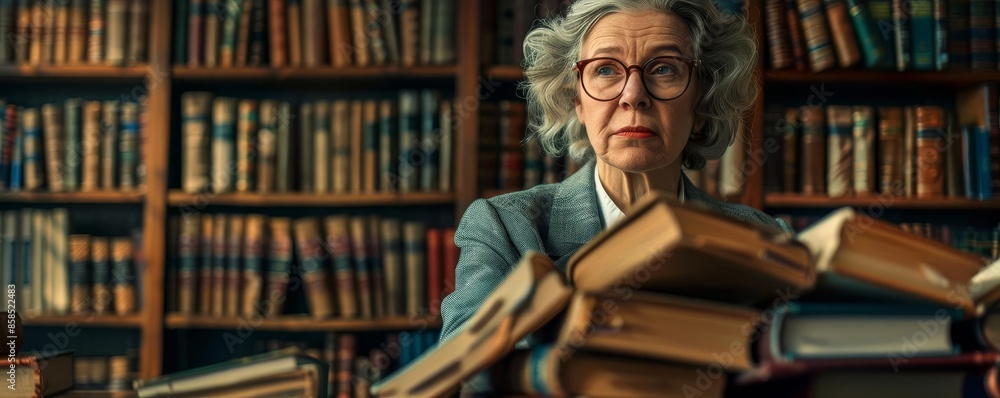Librarian Focus on a female librarian White 50s arranging books with a library background, empty space center for text Librarian Focus on a female librarian White 50s arranging books with a library background, empty space center for text