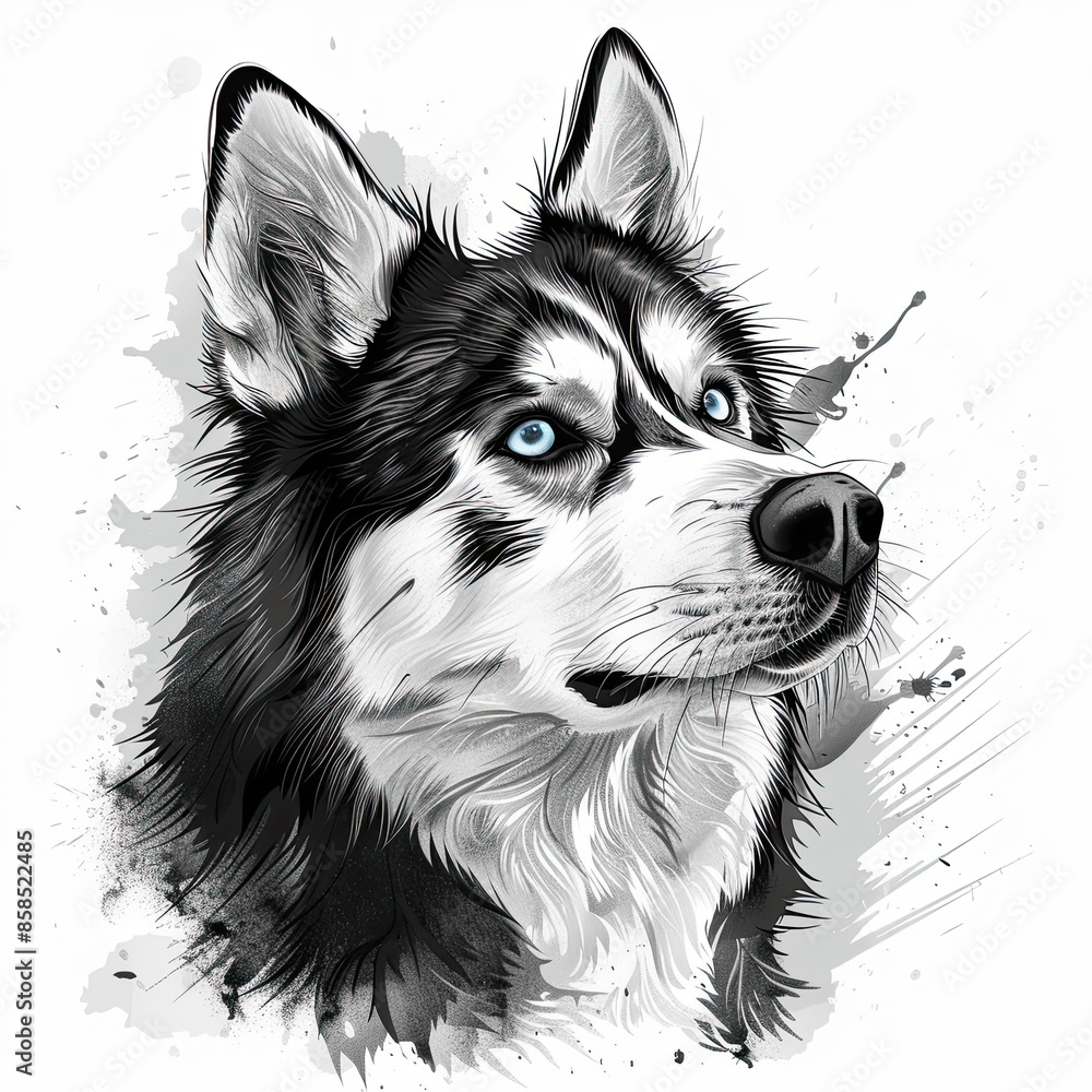 A black and white drawing of a siberian husky dog A black and white drawing of a siberian husky dog