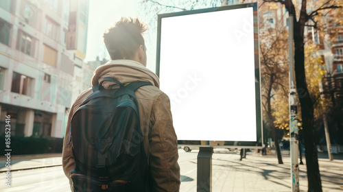 Man looking at billboard, Public advertisement board space as empty blank mockup signboard, transparent background