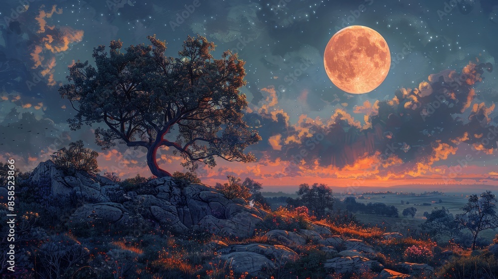 Full moon rising over a rocky hilltop Full moon rising over a rocky hilltop
