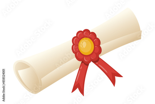 Ggraduate diploma paper scroll with wax seal and red ribbon. Classic graduation ceremony certificate. The rolled paper, reminiscent of ancient document.