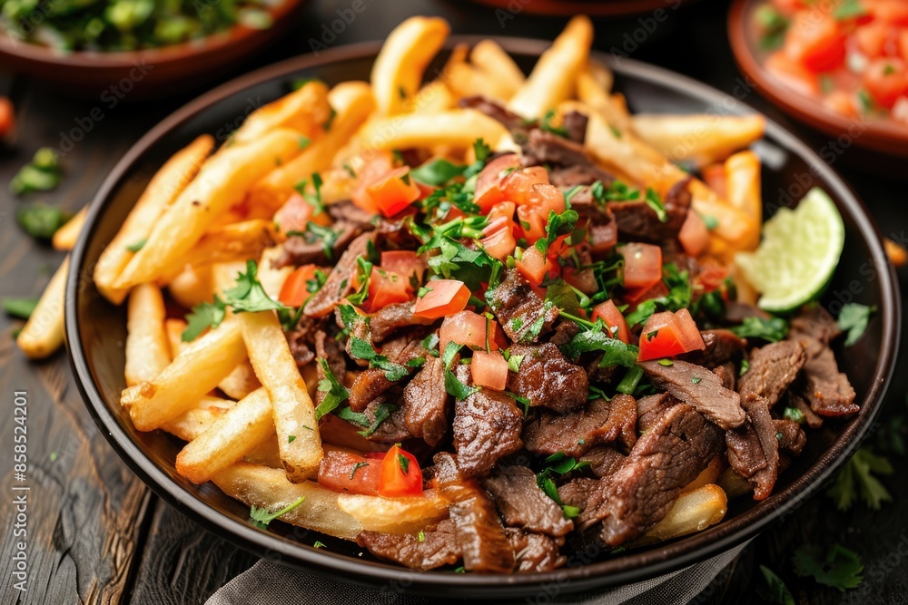 A view of a plate of carne asada french fries. A view of a plate of carne asada french fries.