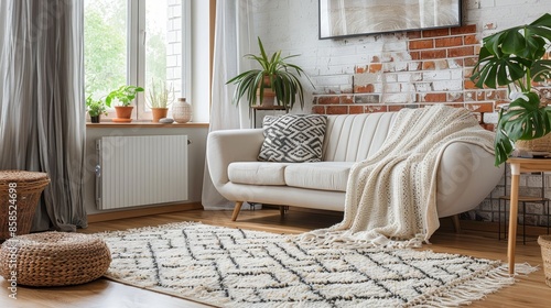 Boho living room with white sofa and geometric rug photo