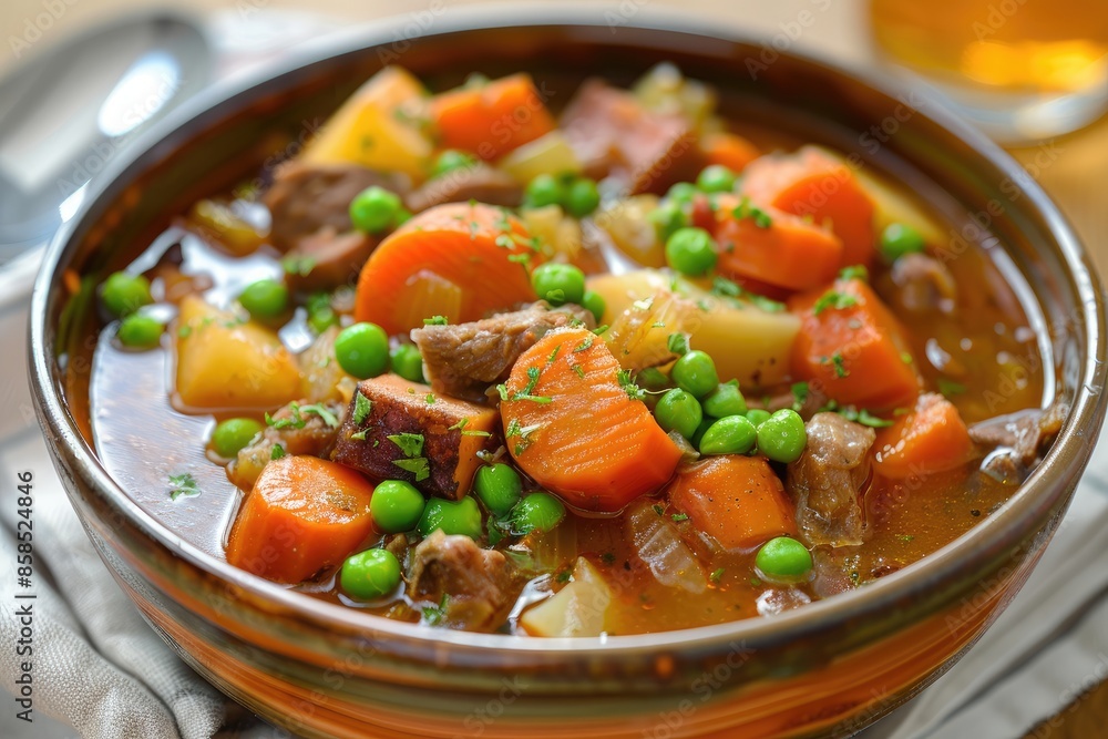 A delicious and hearty bowl of vegetable stew with chunks of carrots, potatoes, and peas A delicious and hearty bowl of vegetable stew with chunks of carrots, potatoes, and peas