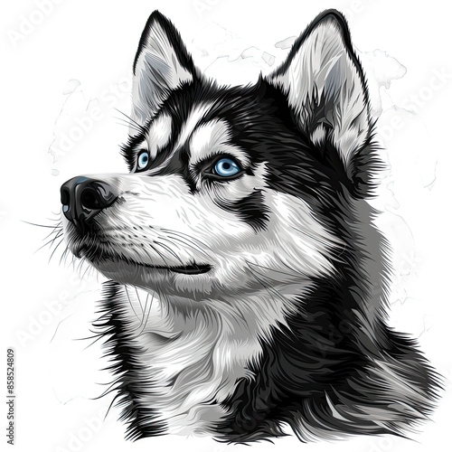 A black and white drawing of a siberian husky dog