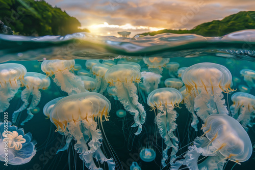 A group of jellyfish are swimming in the ocean photo