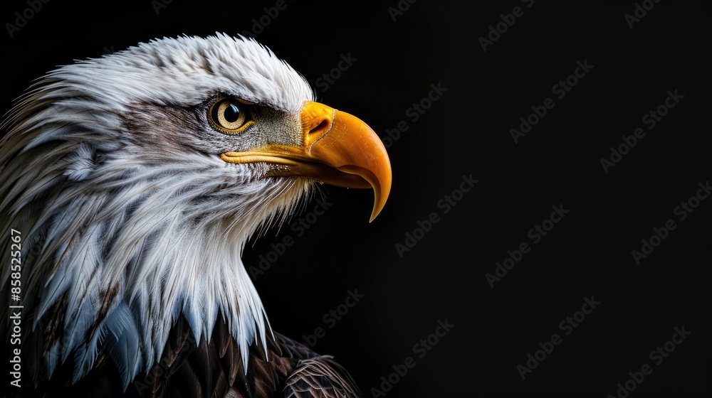 Bald eagle portrait with intense gaze black backdrop room for text Bald eagle portrait with intense gaze black backdrop room for text