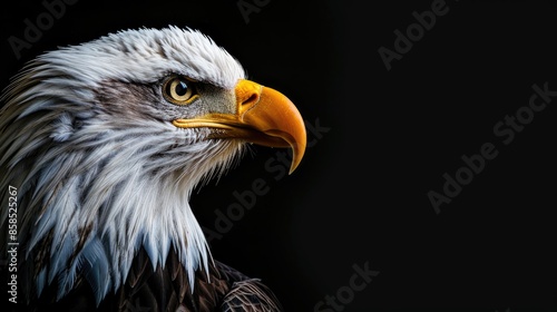 Bald eagle portrait with intense gaze black backdrop room for text