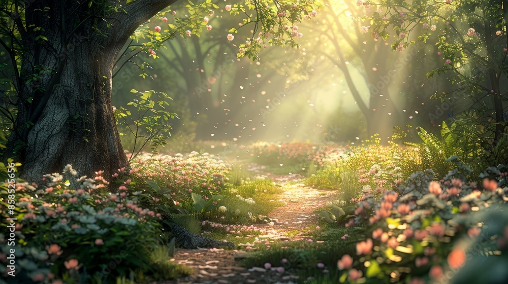 Sunlit path through a blooming enchanted forest Sunlit path through a blooming enchanted forest