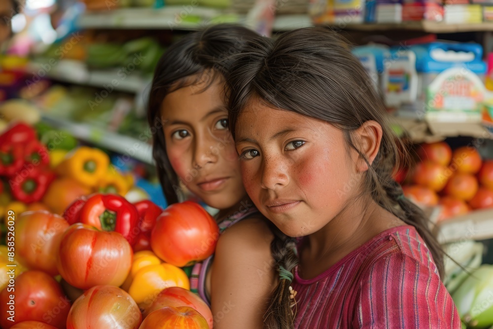 Portrait of two indigenous girls looking at the camera in a grocery store in Guatemala. Portrait of two indigenous girls looking at the camera in a grocery store in Guatemala.