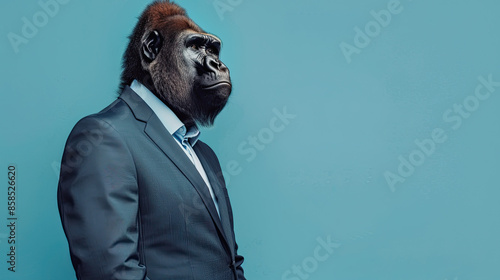 Majestic Gorilla Wearing Suit on pastel blue background