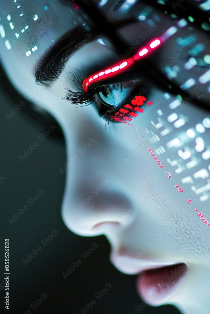 Obraz premium womans face, cyborg, ai, Beautiful simplified post-cybergoth forms, extremely subtle glowing inlaid subdermal algorithmic