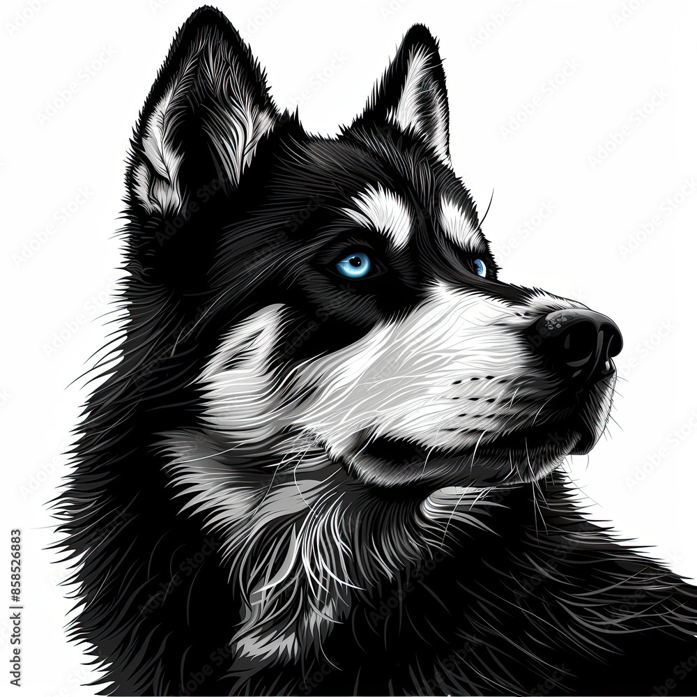 A black and white drawing of a siberian husky dog A black and white drawing of a siberian husky dog