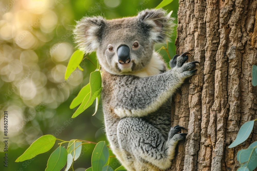 Fototapeta premium Koala Climbing Eucalyptus Tree, Wildlife Closeup in Natural Habitat, Cute and Furry Animal