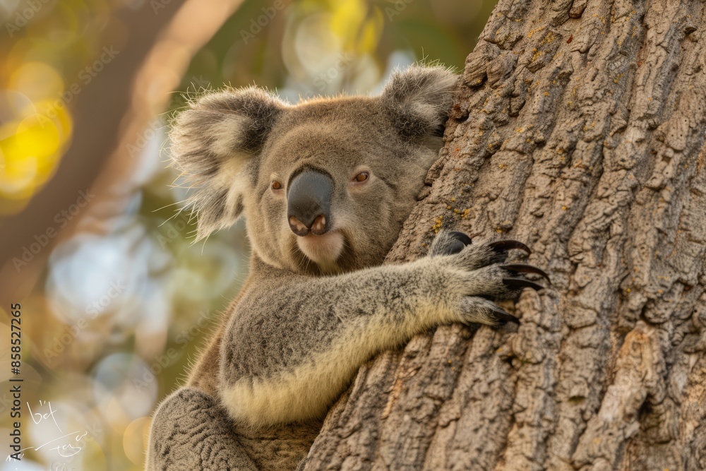 Fototapeta premium Koala Climbing Eucalyptus Tree, Wildlife Closeup in Natural Habitat, Cute and Furry Animal