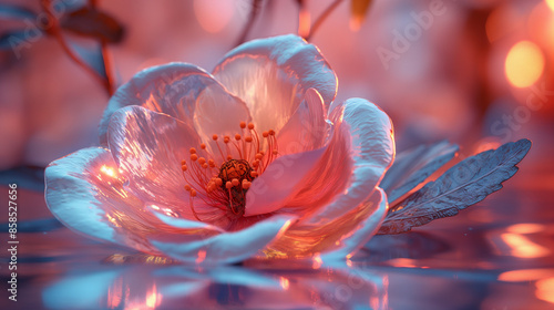 Holographic flower with metallic petals, 3D render, hd, with copy space © Kateryna