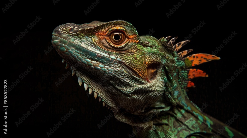Fototapeta premium Male basilisk lizard against a dark backdrop