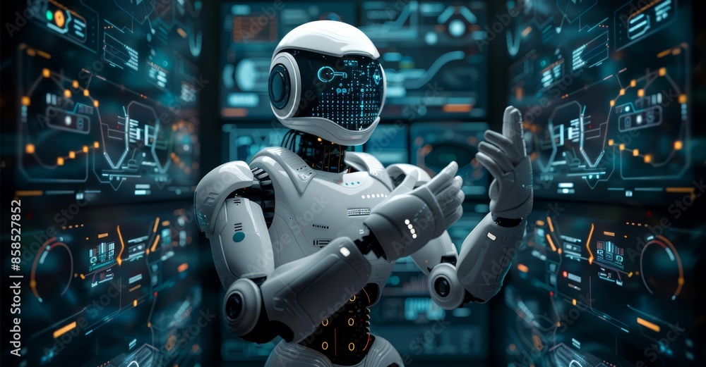 Fototapeta premium Humanoid Robot Interacting with Futuristic Interface