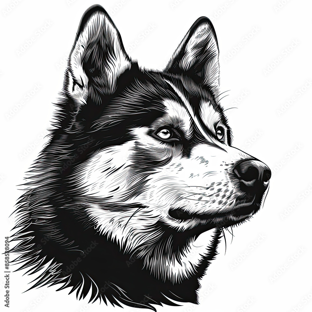 A black and white drawing of a siberian husky dog A black and white drawing of a siberian husky dog