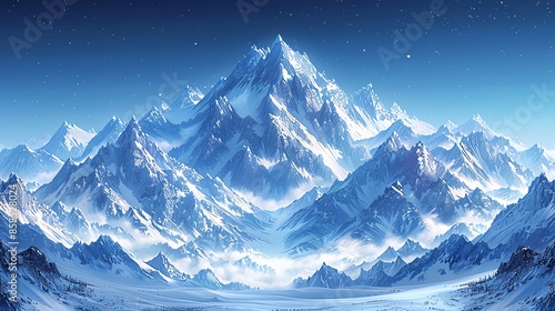 Winter mountain scenes creating a border, clear middle space, majestic winter peaks, grand handdrawn style, ideal for dramatic backgrounds photo